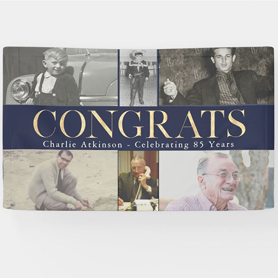 Congrats 85th birthday custom photo banner showing birthday boy at 6 different stages of his life