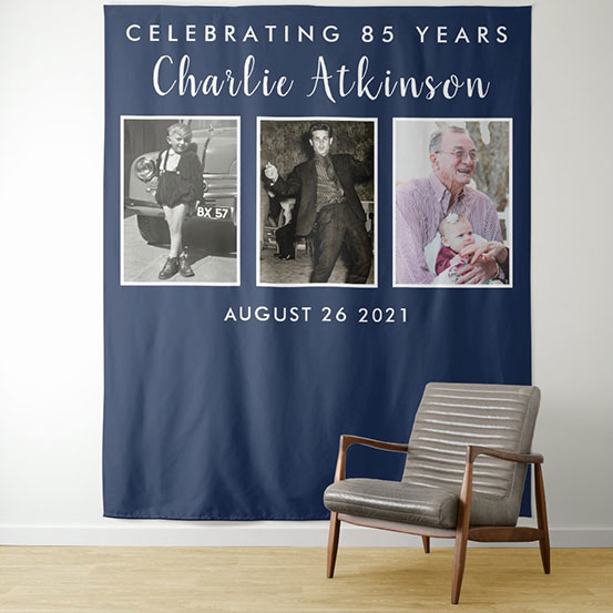 Celebrating 85 years photo backdrop showing birthday boy through the years