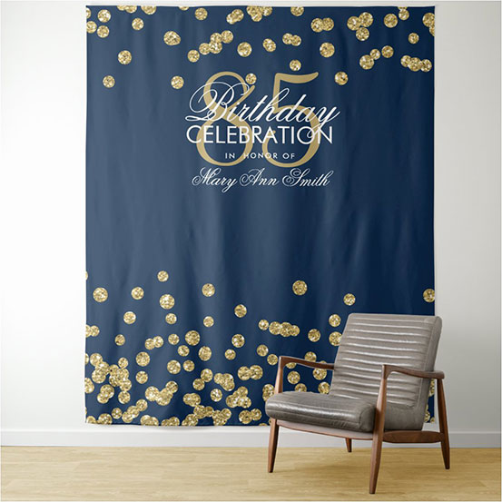 navy blue and gold sequin custom 85th birthday backdrop