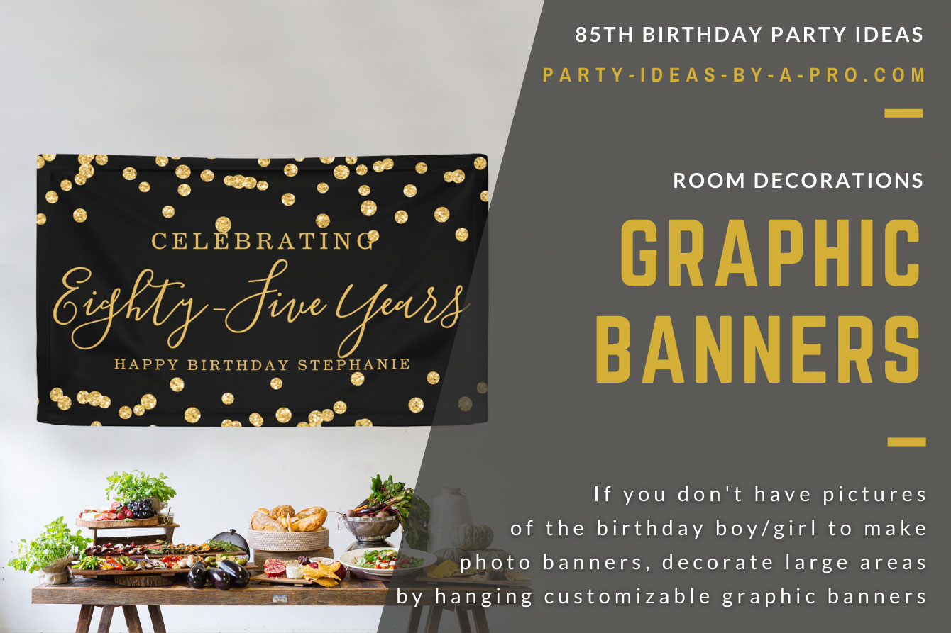 black and gold sequin Celebrating 85 years custom birthday banner
