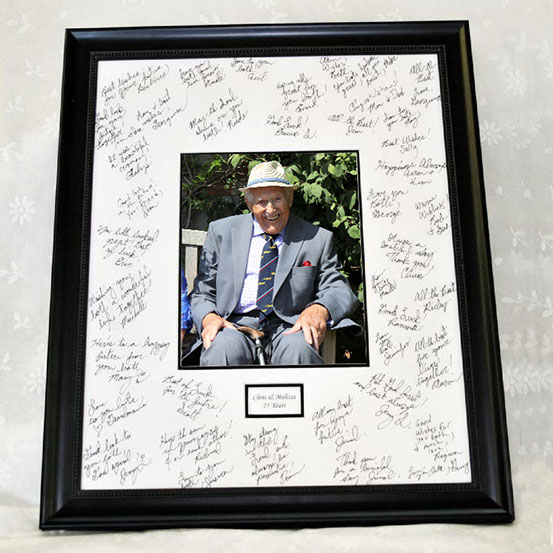 custom 90th birthday framed signing poster guestbook alternative with photo of birthday boy surrounded by handwritten messages