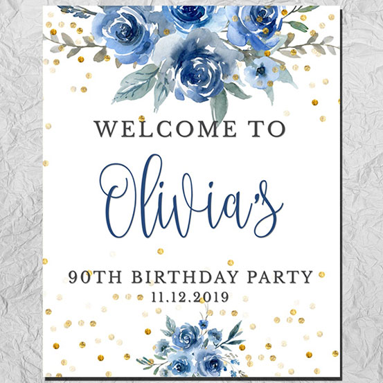 Forty & Fabulous 90th Birthday custom name welcome sign with floral design on an easel