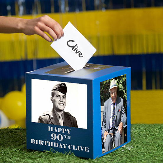 90th birthday card box printed with old photos of the birthday boy