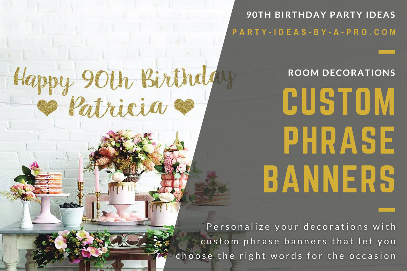 Personalized 90th Birthday gold text banner on wooden backdrop