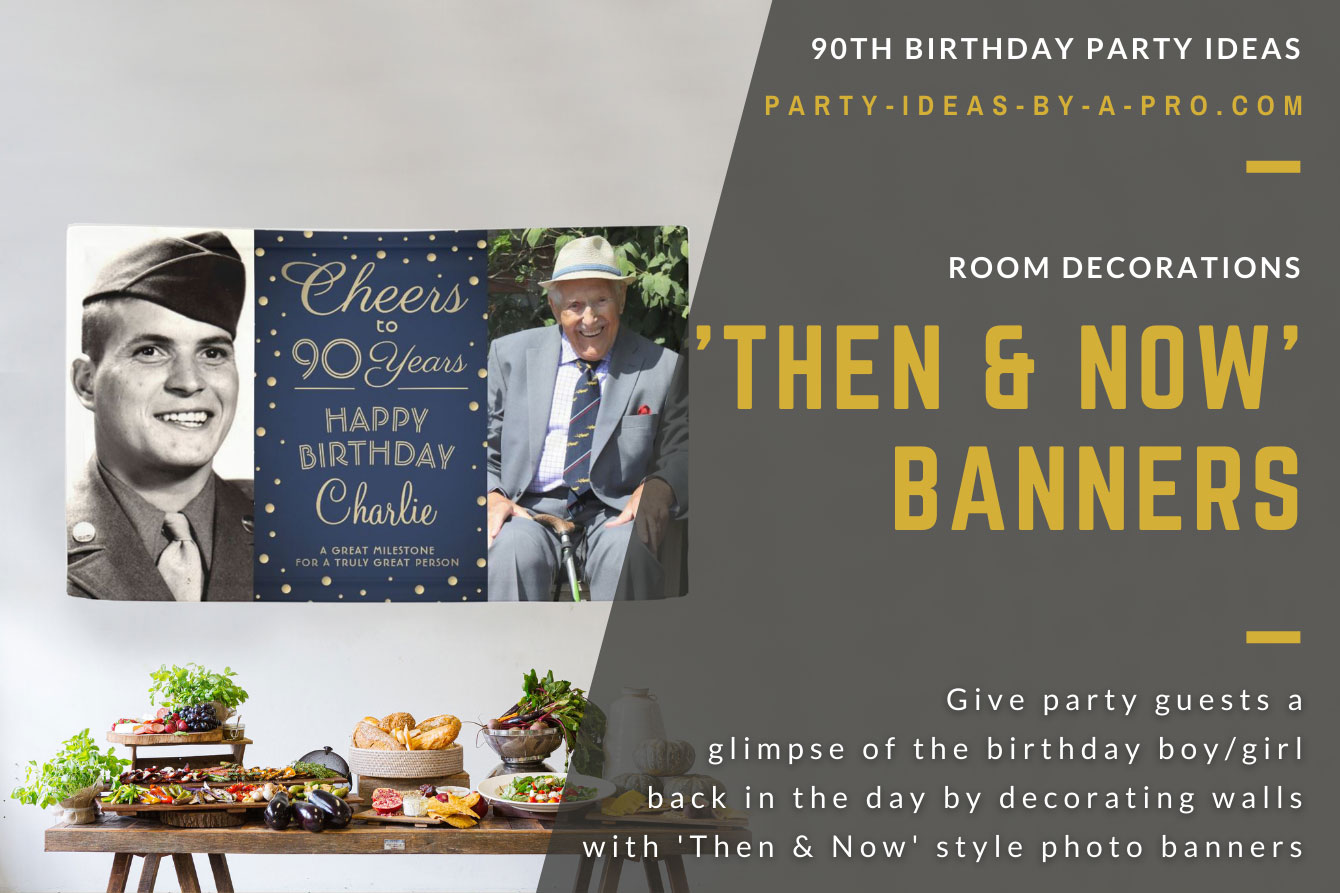 Cheers to 90 years custom photo banner showing birthday boy as a baby and as a man