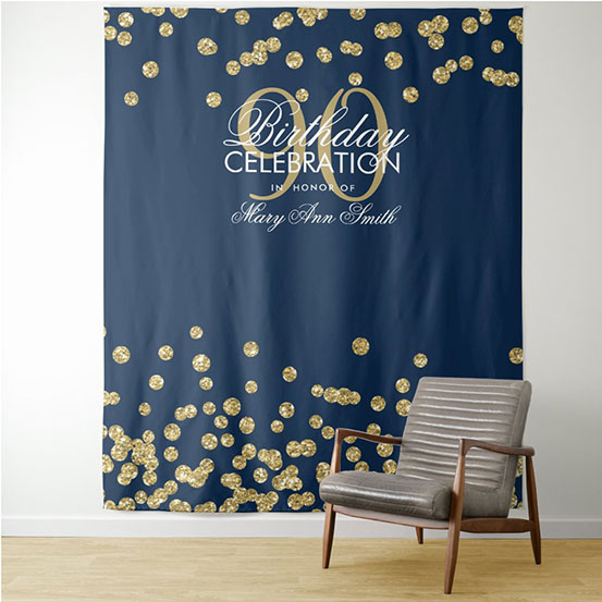 navy blue and gold sequin custom 90th birthday backdrop