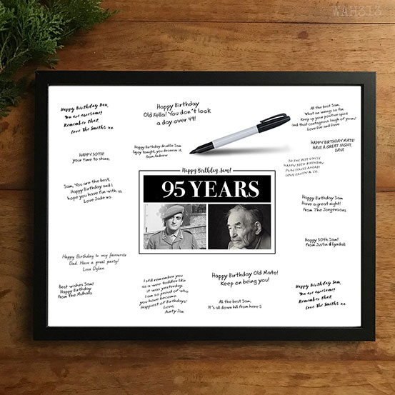 custom 95th birthday signing poster guestbook alternative with photos of birthday boy as adult and child surrounded by handwritten messages
