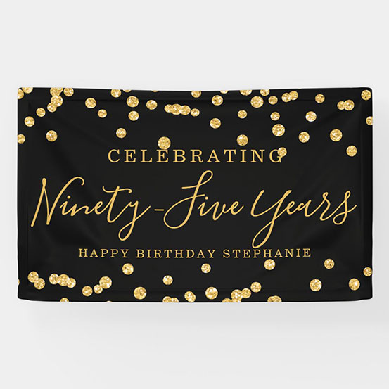 black and gold sequin Celebrating 95 years custom birthday banner