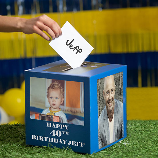 adult birthday card box printed with old photos of the birthday boy