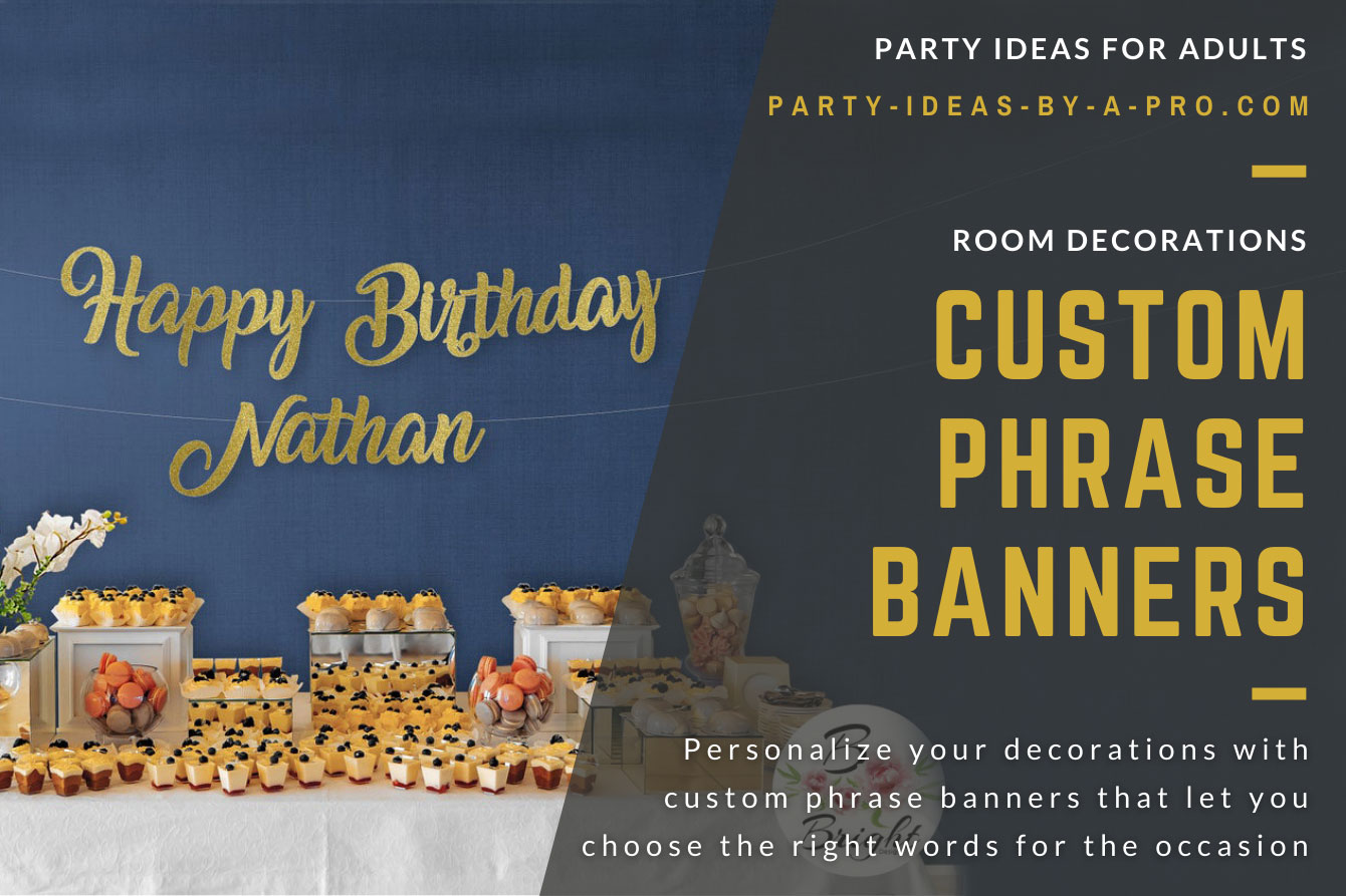 Personalized adult Birthday gold text banner on wooden backdrop