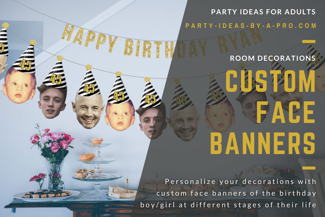 garland banner of faces of same person as a man, child, and baby wearing a adult birthday party hat