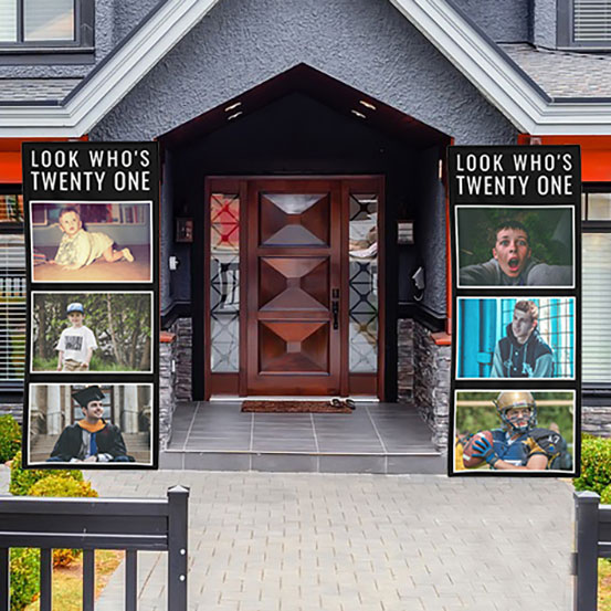 look who's 21 vertical photo banners either side of house front door
