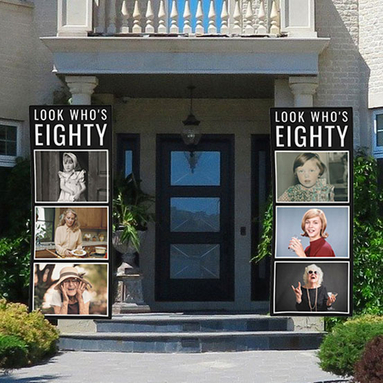 look who's 80 vertical photo banners either side of house front door