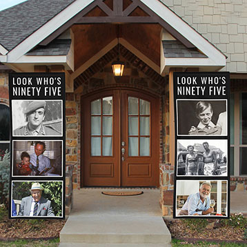 look who's forty photo banners at house entrance