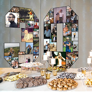 freestanding number 30 photo collage on dessert table