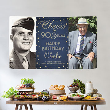 Then & Now 90th birthday photo banner hung above buffet table