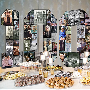 number 100 photo collage on birthday food dessert table
