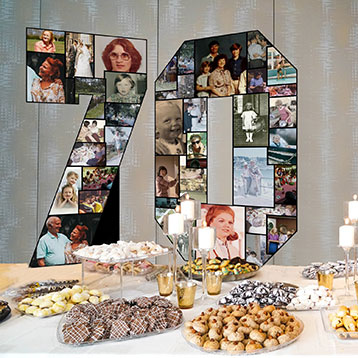 number 70 photo collage on birthday food dessert table