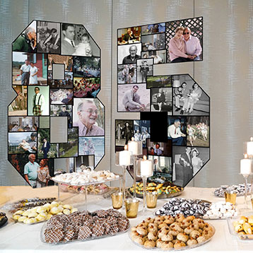 number 85 photo collage on birthday food dessert table