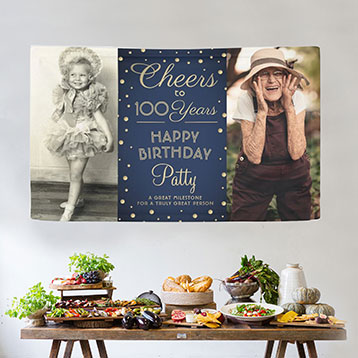 Then and now 100th birthday custom photo banner above buffet table