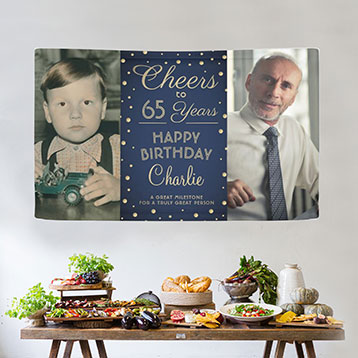 Then and now 65th birthday custom photo banner above buffet table