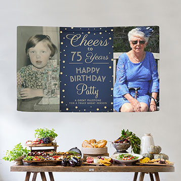 Then and now 75th birthday custom photo banner above buffet table