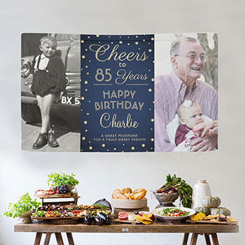 Then and now 85th birthday custom photo banner above buffet table