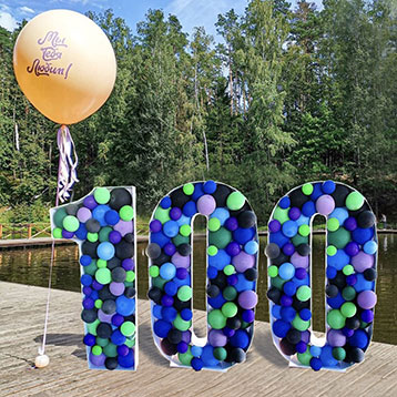 freestanding 100 balloon mosaic next to a lake