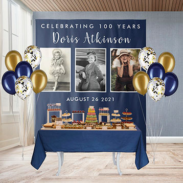 100th birthday 'through the years' custom photo dessert table backdrop