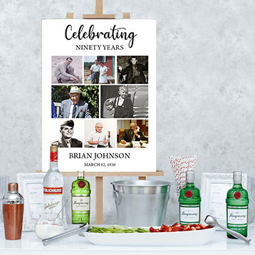 celebrating 90 years custom photo collage sign set up on bar