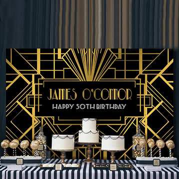 Great Gatsby 1930's style black and gold dessert table backdrop