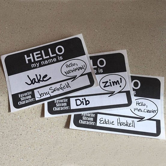 Hello My Name Is...stickers with space to write in 'Favorite Sitcom Character...'