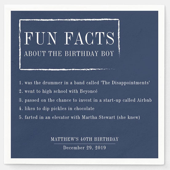 Fun Facts About the Birthday Boy/Girl personalized blue napkins