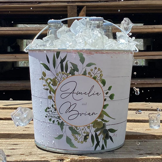 personalized metal bucket with bride & groom names