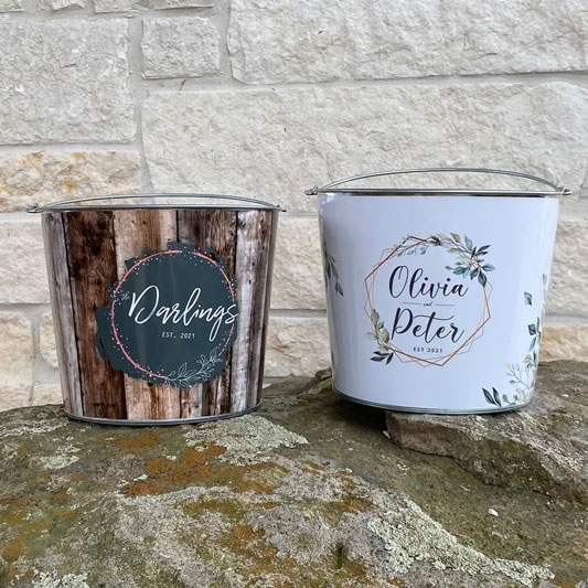 2 personalized metal buckets