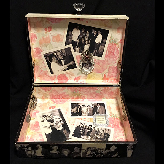 inside view of custom photo keepsake / memory box showing black and white family photos