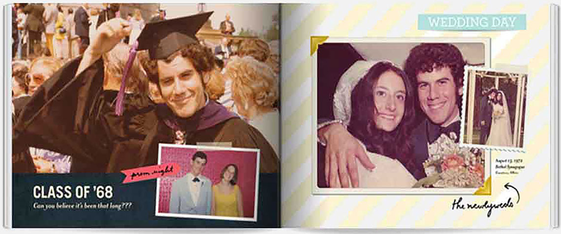 double page spread showing inside of custom photo book with retro graduation and wedding photos from the 1960s