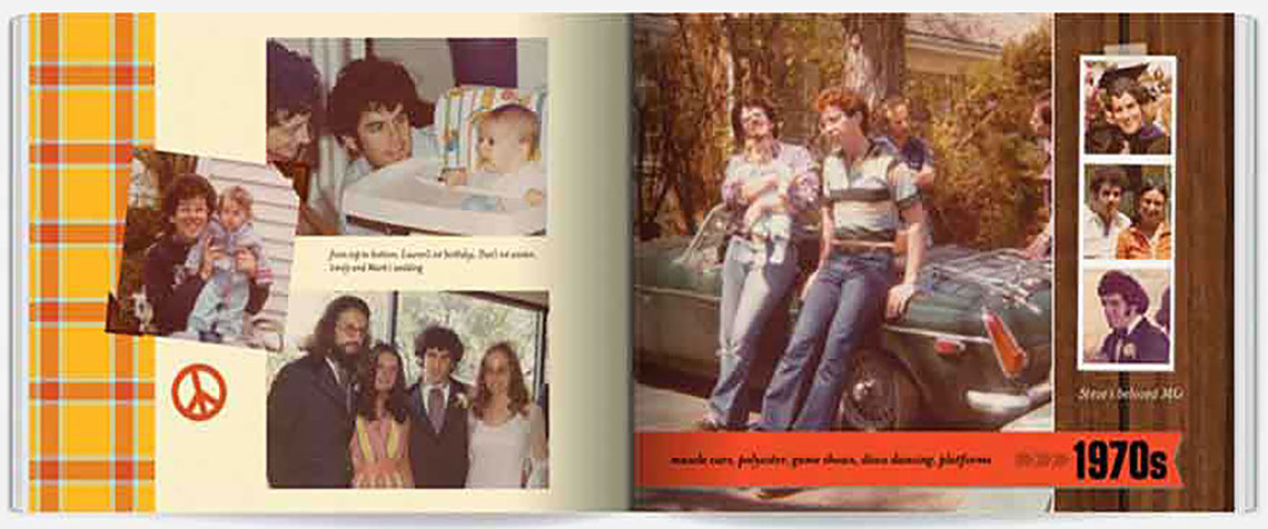 double page spread showing inside of custom photo book with retro family photos from the 1970s