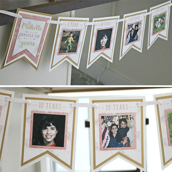 pink garland banner with photographs showing the birthday girl Through the Years