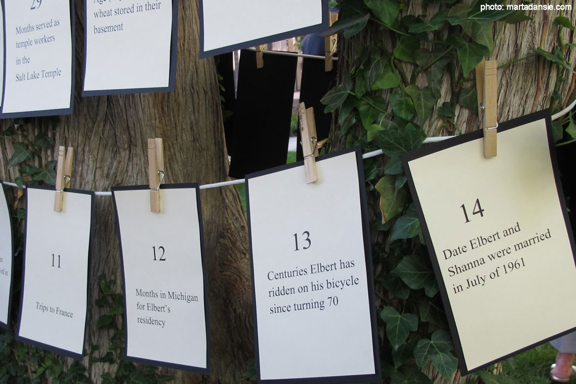 Fun Facts garland banners wrapped around a tree at a garden party
