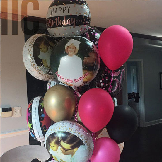 Bunch of photo balloons mixed with other myler and latext balloons