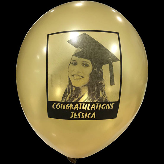 Picture of graduate printed onto a gold latex balloon with Congratulations Jessica
