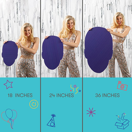 size guide for big head cut outs showing 18, 24, and 36 inch options