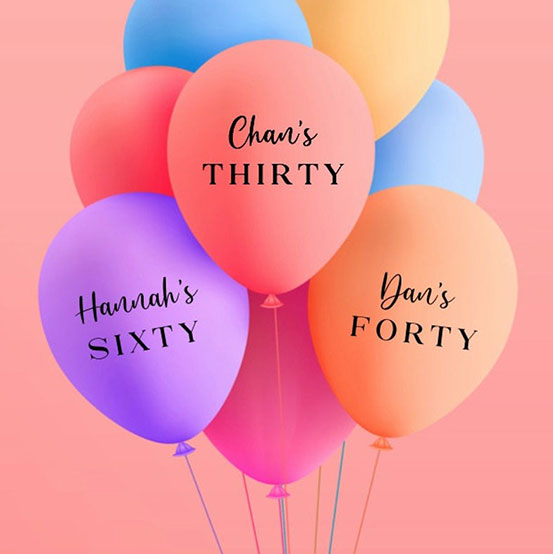 3 custom name milestone birthday balloon decals applied to balloons