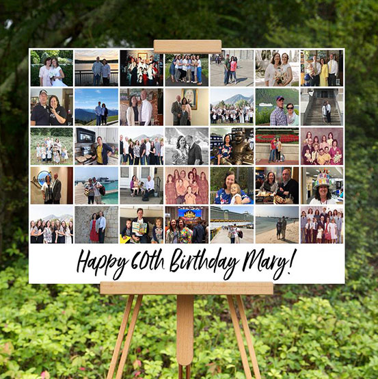 milestone birthday photo collage displayed on an easel