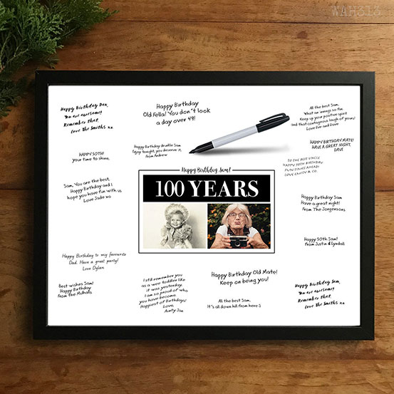 custom 100th birthday signing poster guestbook alternative with photos of birthday boy as adult and child surrounded by handwritten messages