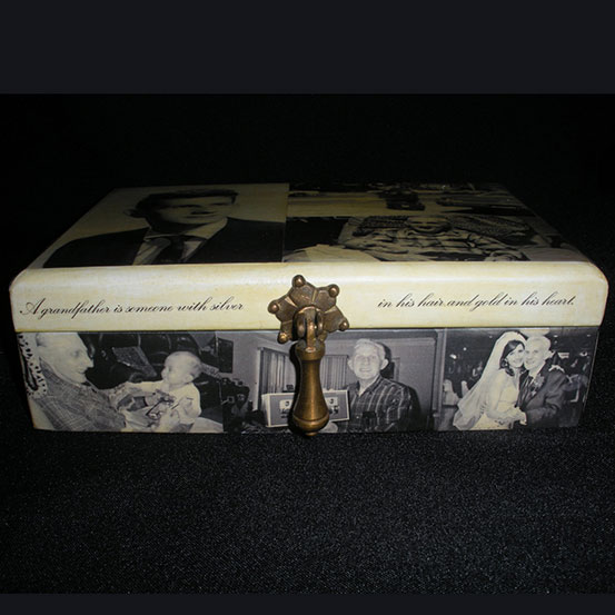 top view of custom photo keepsake / memory box showing black and white photos of female friends