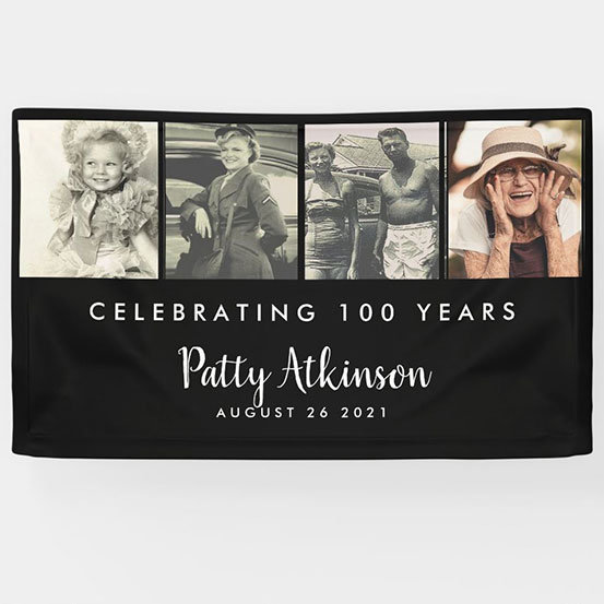 Celebrating 100 years custom photo banner showing birthday boy at 4 different stages of his life