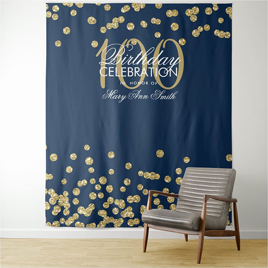 navy blue and gold sequin custom 100th birthday backdrop