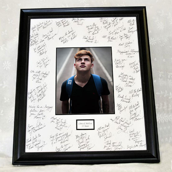 custom 18th birthday framed signing poster guestbook alternative with photo of birthday boy surrounded by handwritten messages